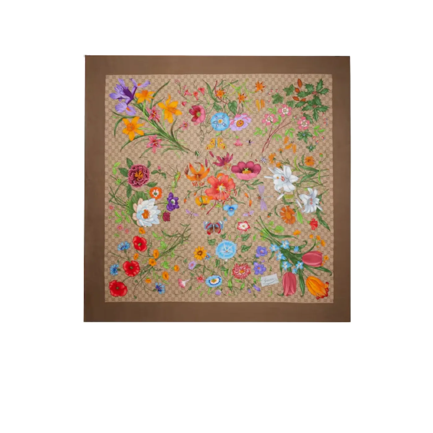 Gucci Printed GG Wool Silk Shawl Scarf Brown in Multicolor