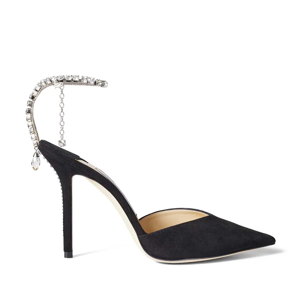 Jimmy Choo Saeda 100 Black Suede Pumps with Crystal Embellishment for Women