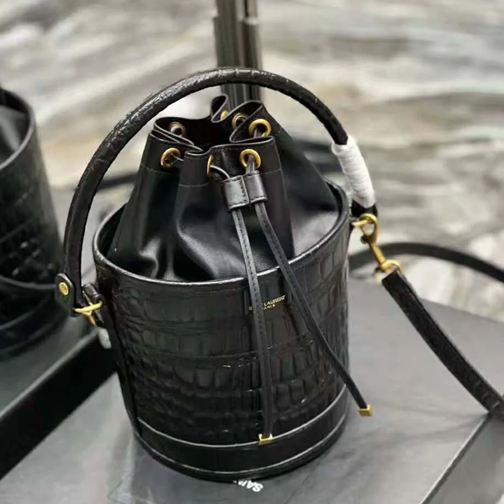 Saint Laurent YSL Bahia Small Bucket Bag in Crocodile for Women in Embossed Lacquered Leather Saint Laurent YSL Bahia Small Bucket Bag in Crocodile for Women in Embossed Lacquered Leather