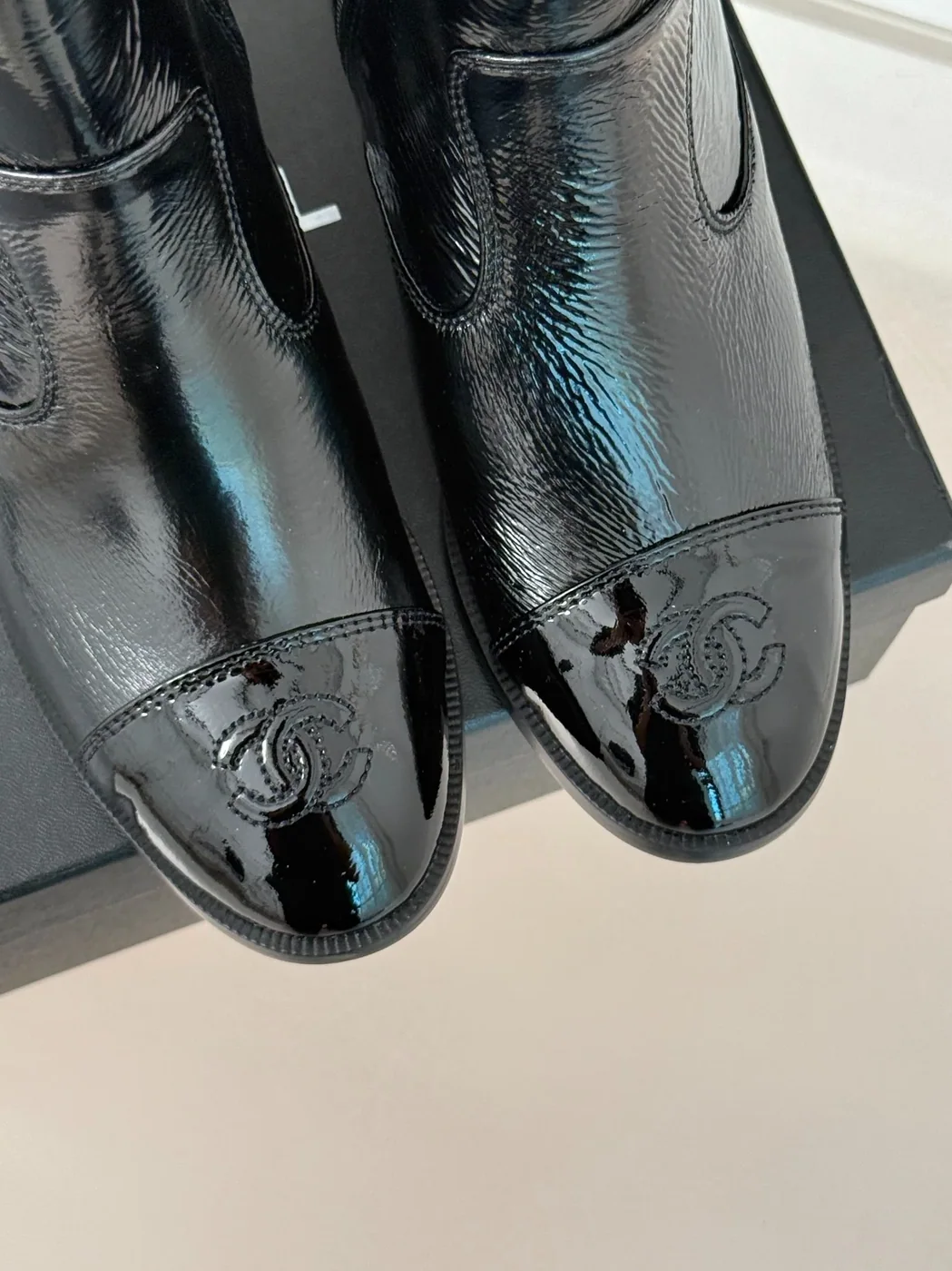 Chanel Glossy Chunky Ankle Heel Boots Black / Chanel Glossy Chunky Ankle Heel Boots Black /