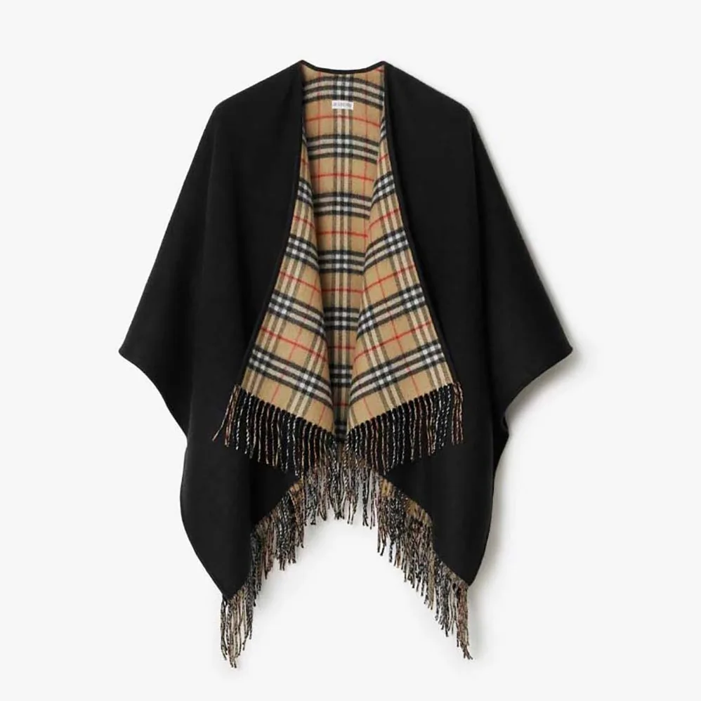 Burberry Reversible Check Wool Cape for Women in Black Burberry Reversible Check Wool Cape for Women in Black