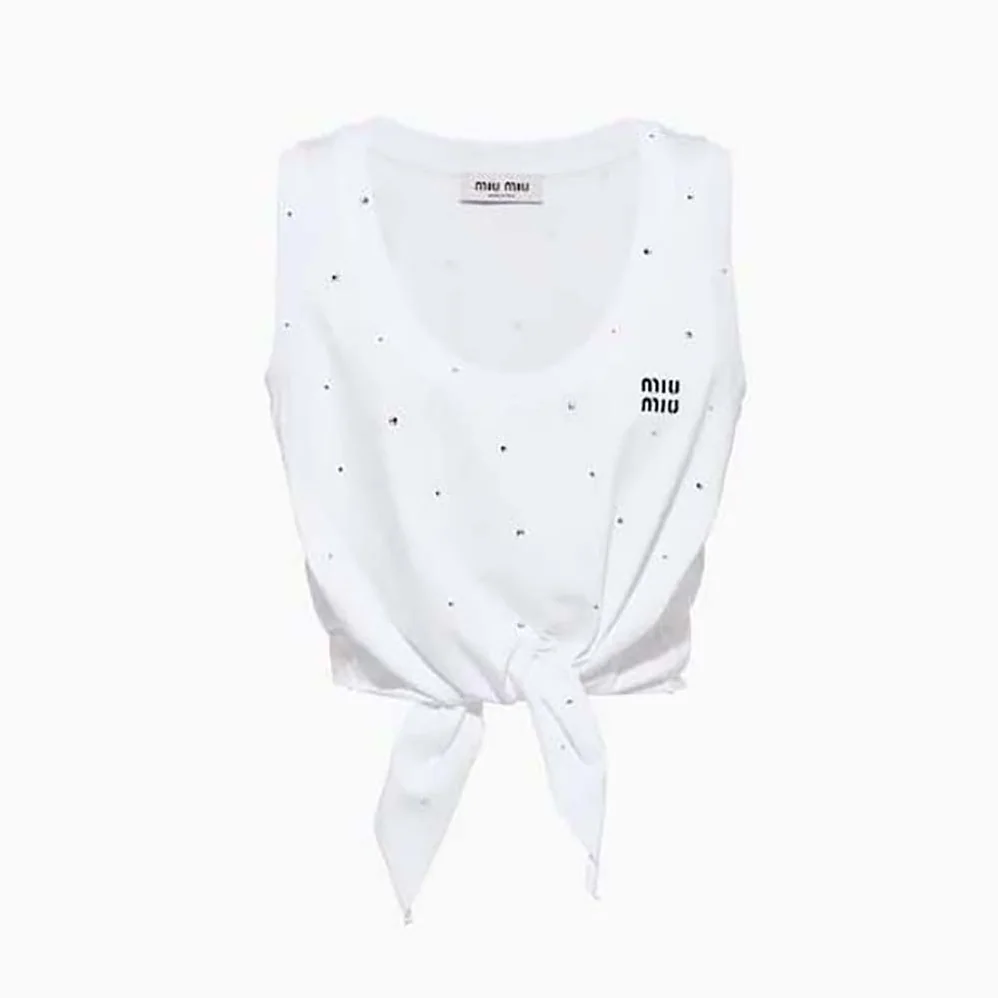 Miu Miu Cotton Top with Crystals with Embroidered Logo for Women in White Miu Miu Cotton Top with Crystals with Embroidered Logo for Women in White