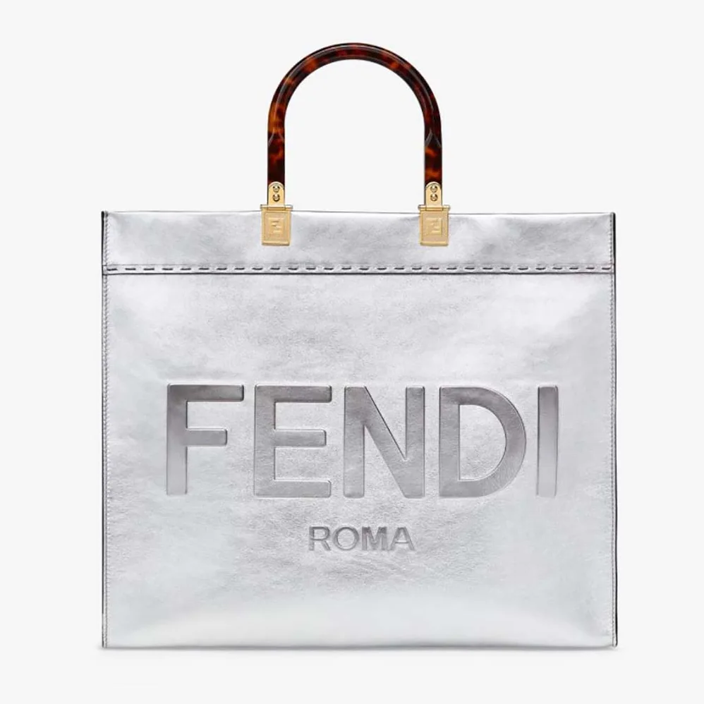 Fendi Fendi Sunshine Medium Silver Laminated Leather Shopper for Women