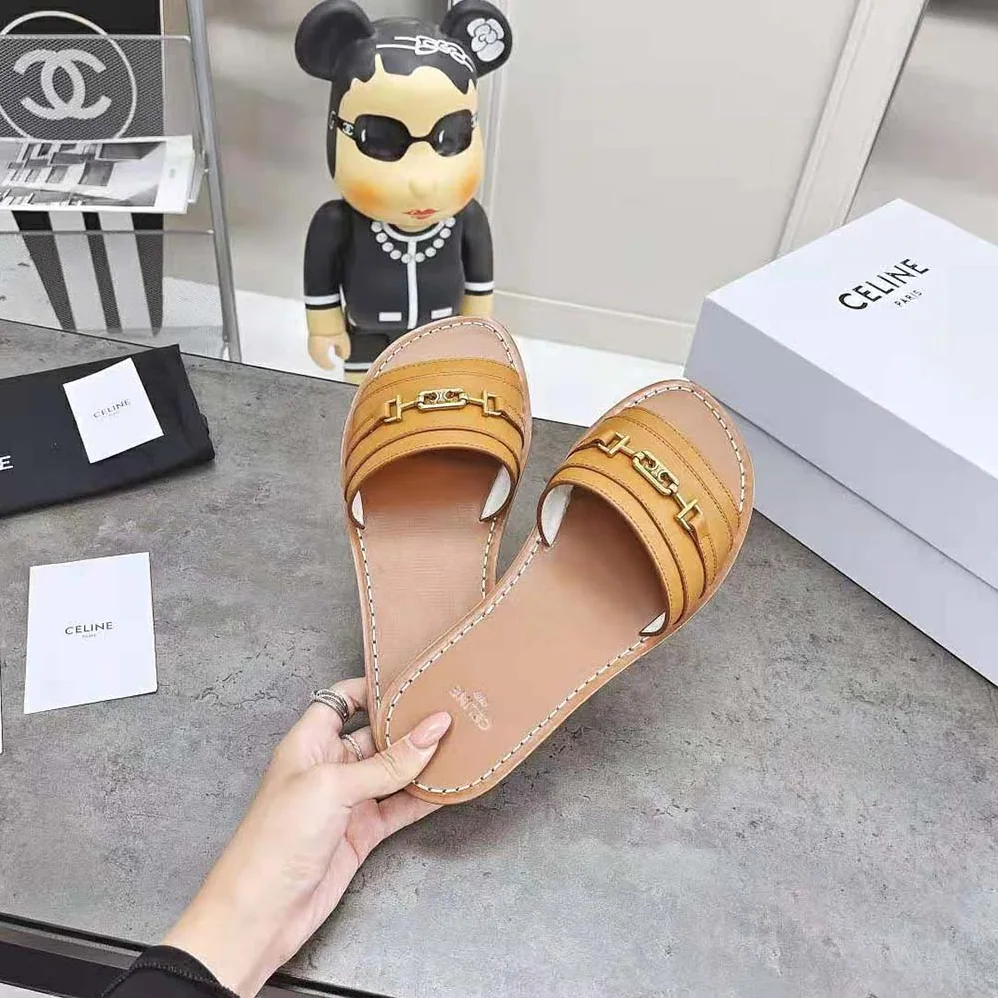 Celine Lerins Triomphe Slide in Vegetal Calfskin for Women in Brown
