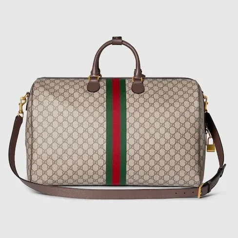 Gucci Savoy Large Duffle Travel Bag / Beige/ Dark Brown Gold Hardware