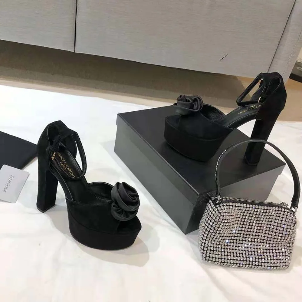 Saint Laurent YSL Jodie Platform Sandals in Suede with Silk Satin Flower for Women in Black Saint Laurent YSL Jodie Platform Sandals in Suede with Silk Satin Flower for Women in Black