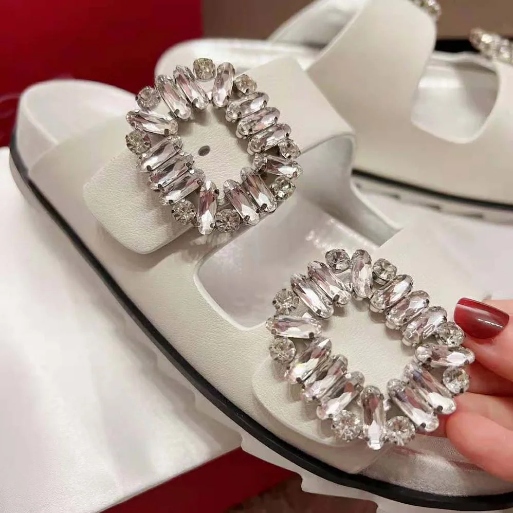Roger Vivier Slidy Viv Strass Buckle Sandals in Fabric for Women in White