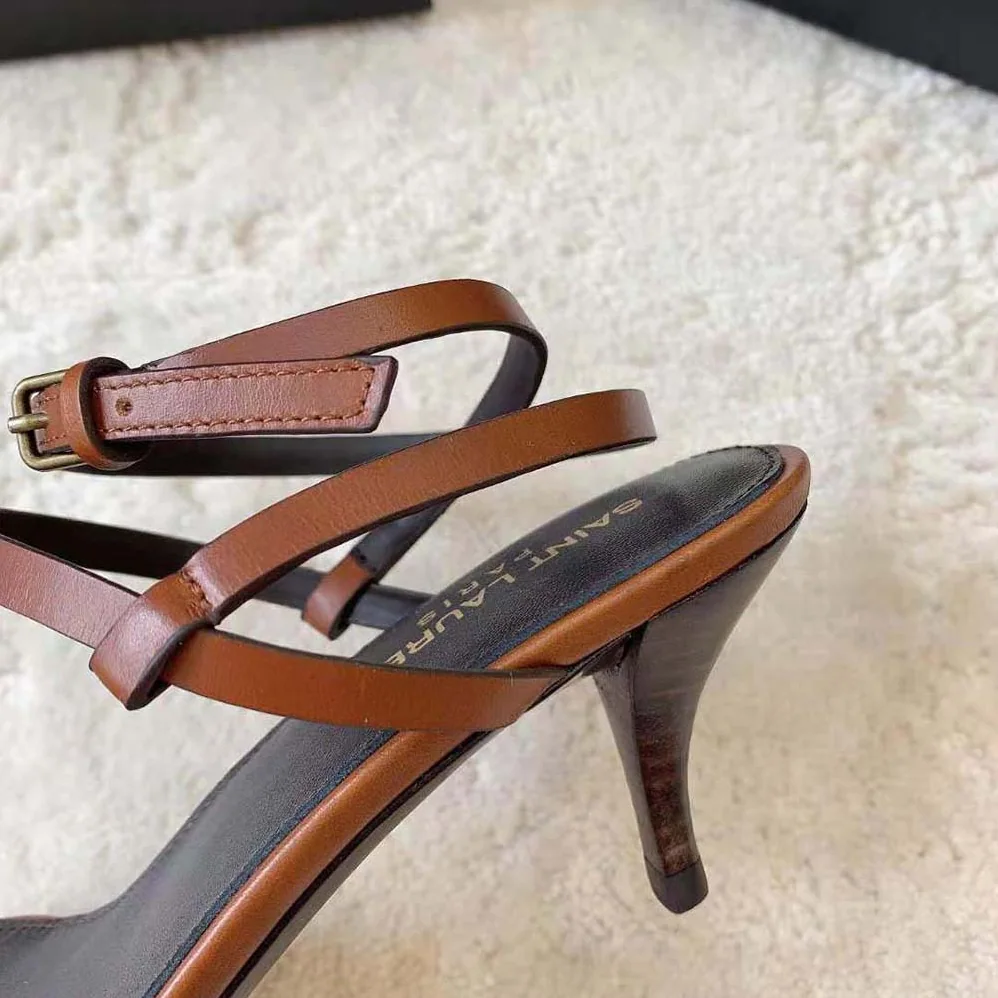 Saint Laurent YSL Cassandra Sandals in Smooth Leather for Women in Brown