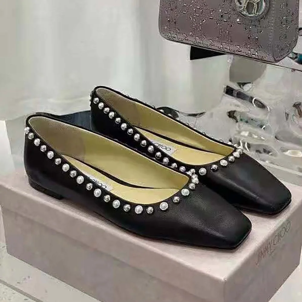 Jimmy Choo Mirele Flat Black Nappa Leather Flats with Pearl Outline for Women Jimmy Choo Mirele Flat Black Nappa Leather Flats with Pearl Outline for Women