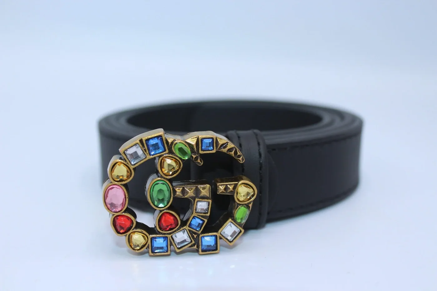 Leather belt with crystal Double G buckle