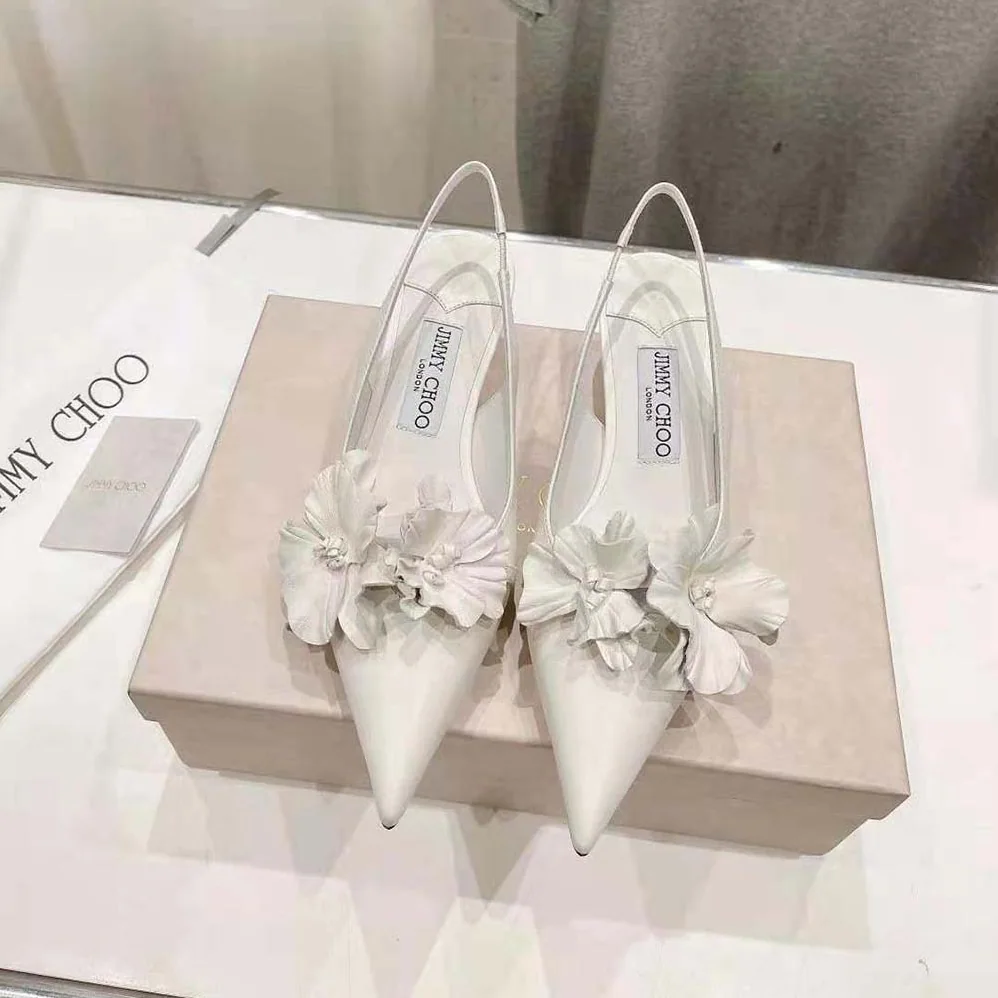 Jimmy Choo Amita Flowers 45 Latte Nappa Leather Sling Back Pumps with Flowers for Women