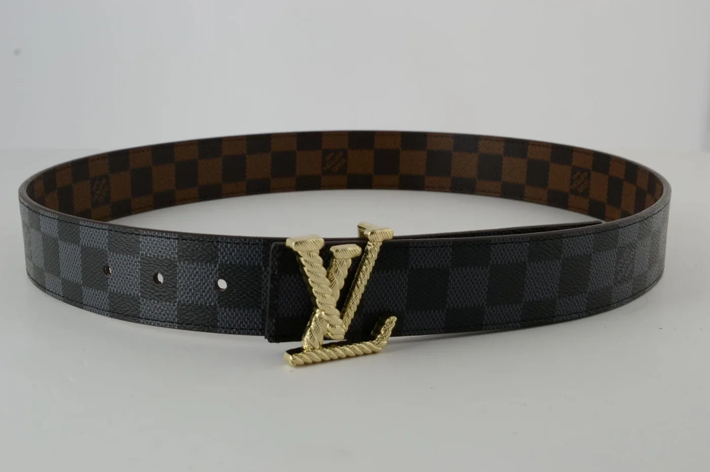 Reversible Brown & Grey Damier New Buckle Leather Belt