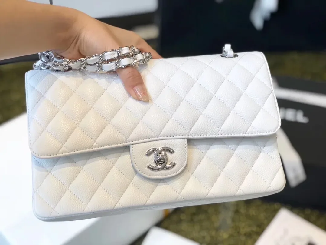 Chanel Classic Flap Bag Medium Crossbody in White Silver Hardware Chanel Classic Flap Bag Medium Crossbody in White Silver Hardware