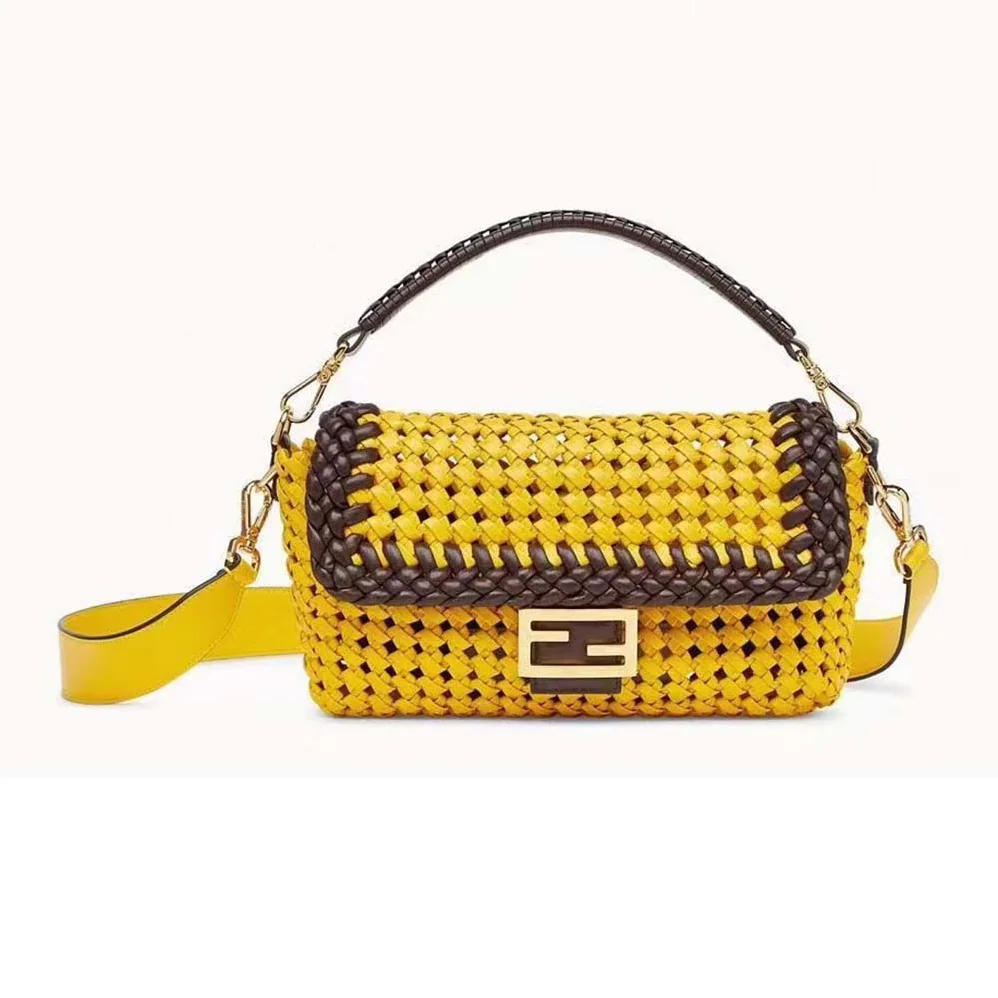 Fendi Lconic Medium Baguette Leather Interlace Bag for Women in Yellow