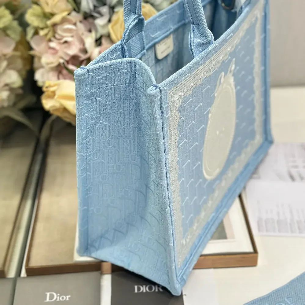 Dior Medium Dior Book Tote with Strap Blue Dior Oblique Embroidery with White Lace and Dior Médaillon for Women Dior Medium Dior Book Tote with Strap Blue Dior Oblique Embroidery with White Lace and Dior Médaillon for Women