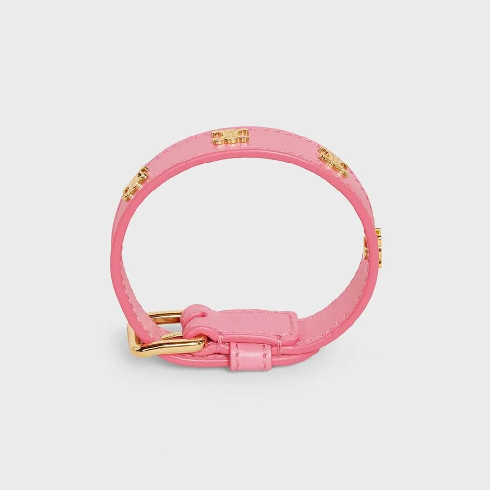 Celine Triomphe Multi Leather Bracelet in Brass with Gold Finish and Smooth Calfskin for Women in Pink