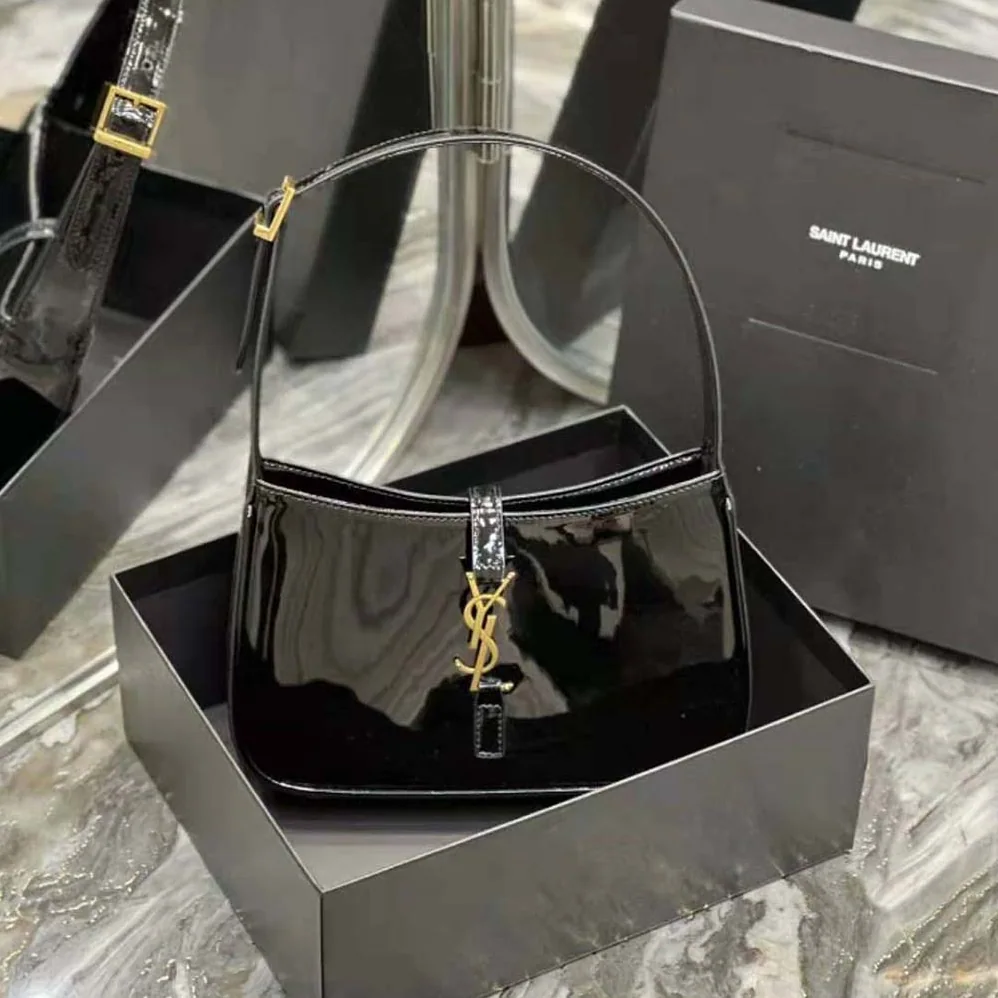 Saint Laurent YSL Le 5 A 7 Hobo Bag in Patent Leather for Women in Black Saint Laurent YSL Le 5 A 7 Hobo Bag in Patent Leather for Women in Black