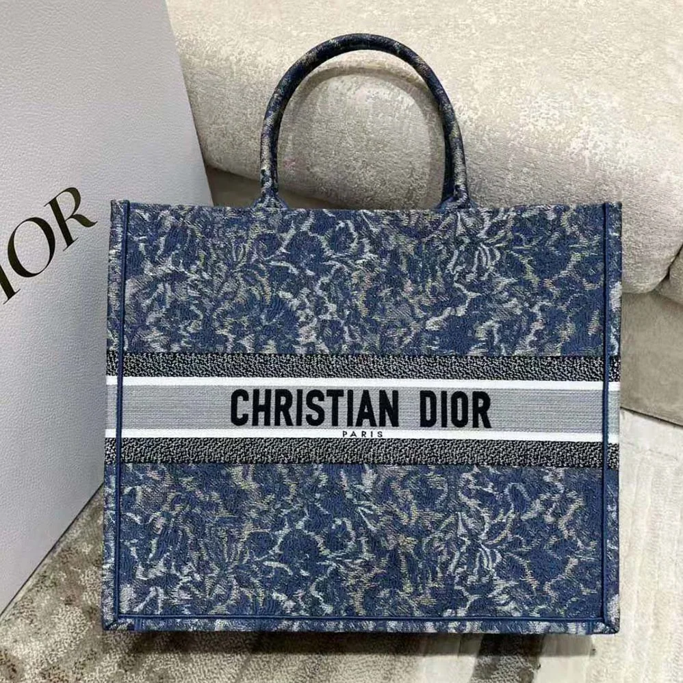 Dior Large Dior Book Tote Blue Dior Brocart Embroidery with Denim Effect for Women