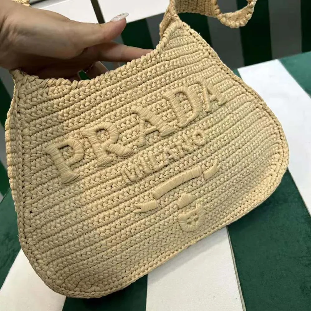 Prada Crochet Tote Bag with Embroidered Lettering Logo for Women in Natural Prada Crochet Tote Bag with Embroidered Lettering Logo for Women in Natural