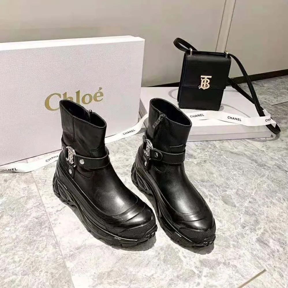 Burberry Monogram Motif Buckle Leather Boots for Women in Black Burberry Monogram Motif Buckle Leather Boots for Women in Black