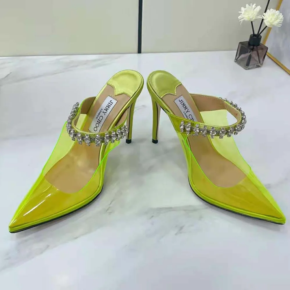 Jimmy Choo Bing 100 Neon Yellow Plexi Mules with Yellow Crystal Strap for Women Jimmy Choo Bing 100 Neon Yellow Plexi Mules with Yellow Crystal Strap for Women