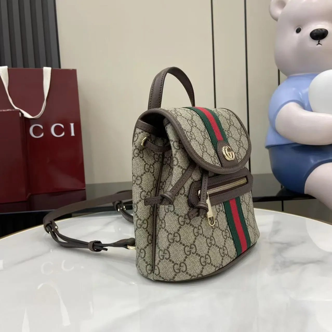 Gucci Ophidia Mini Backpack / Beige/ Dark Brown Gold Hardware
