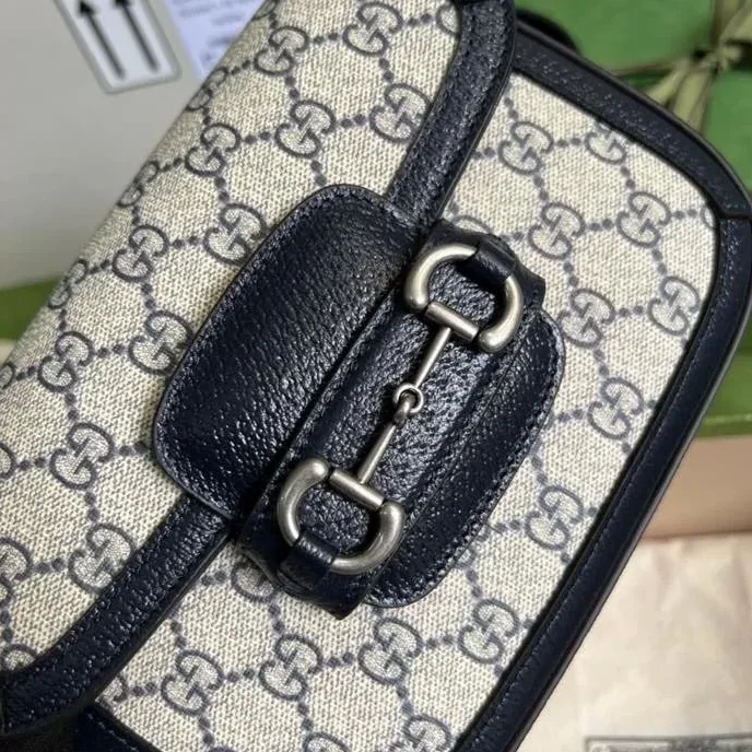 Gucci Horsebit 1955 GG Mini Bag Beige And Blue Supreme Canvas / Gucci Horsebit 1955 GG Mini Bag Beige And Blue Supreme Canvas /