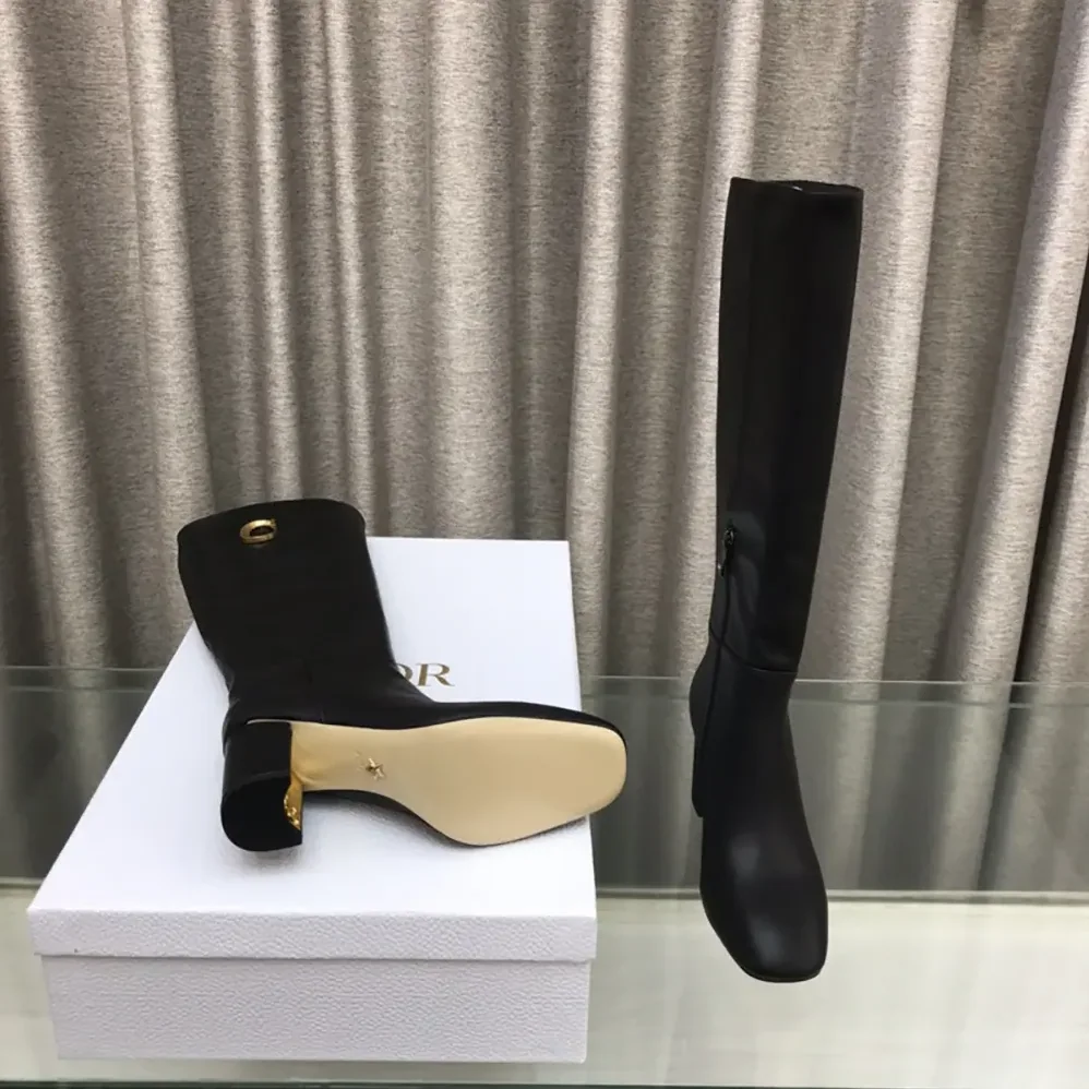 Dior Logo Knee-High Boot in Black Calfskin with Gold for Women in Tone Accents Dior Logo Knee-High Boot in Black Calfskin with Gold for Women in Tone Accents