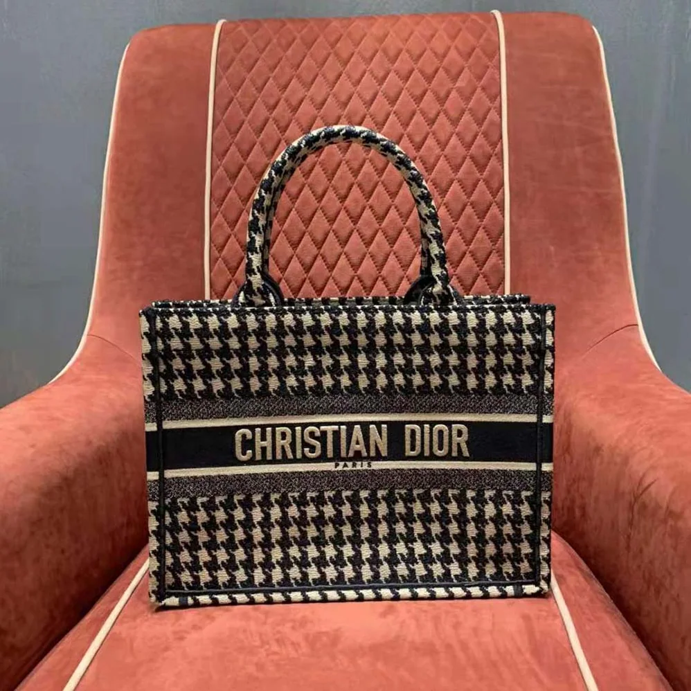 Dior Small Dior Book Tote Black Houndstooth Embroidery for Women