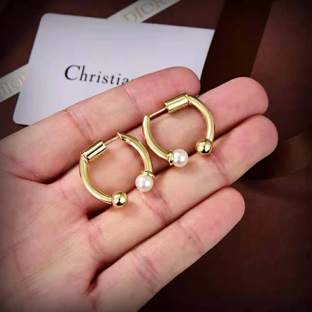 Dior Petit CD Earrings Gold-Finish Metal and White Resin Pearls for Women