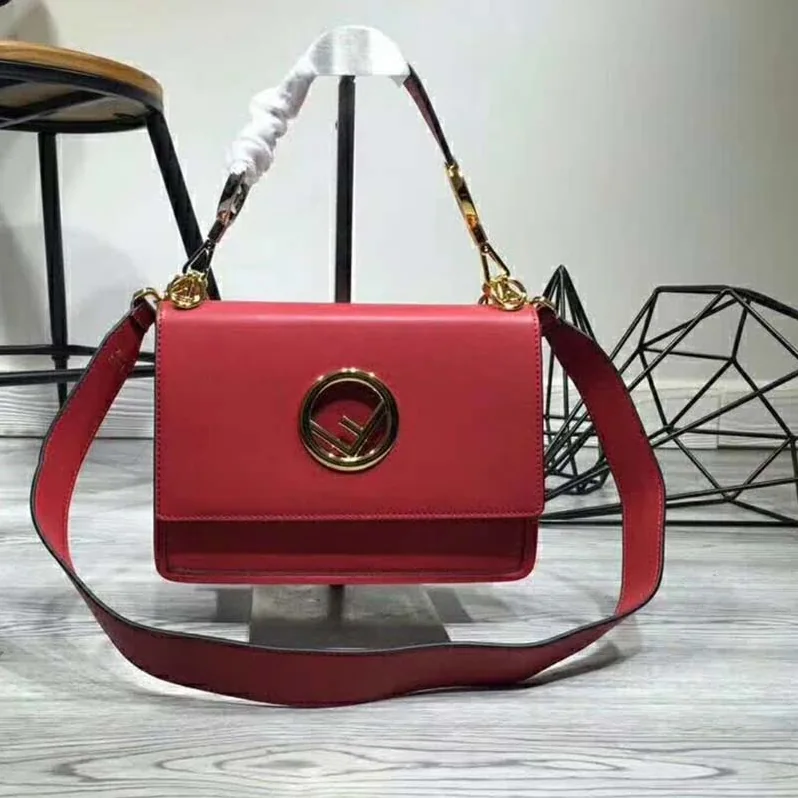 Fendi KAN I F Top Flap Leather Bag with Strap in Red