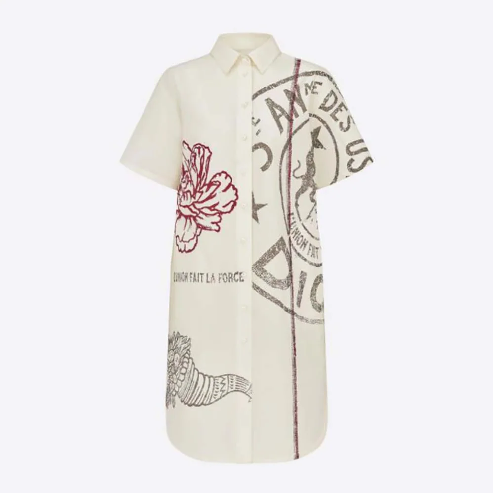 Dior Long Blouse Ecru Cotton Poplin and Silk with Dior Union Motif for Women