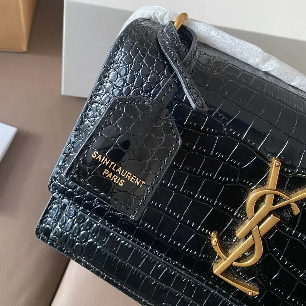 Saint Laurent YSL Sunset Medium in Crocodile Embossed Leather for Women in Black Saint Laurent YSL Sunset Medium in Crocodile Embossed Leather for Women in Black