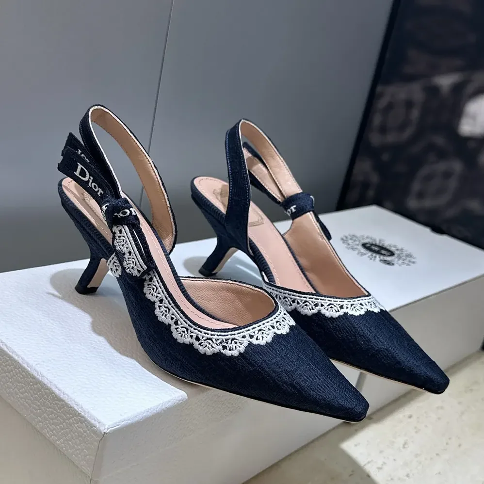 Dior J'Adior Slingback Pump Blue Dior Oblique Embroidered Cotton and White Lace for Women Dior J'Adior Slingback Pump Blue Dior Oblique Embroidered Cotton and White Lace for Women