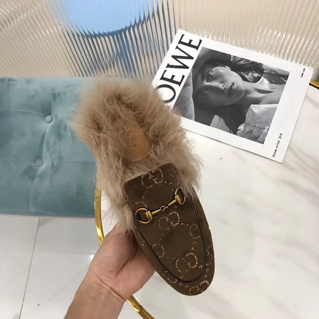 Gucci Princetown Velvet Fur Slipper Mules Calfskin Leather Pre-Fall/Winter Collection, Brown Gucci Princetown Velvet Fur Slipper Mules Calfskin Leather Pre-Fall/Winter Collection, Brown