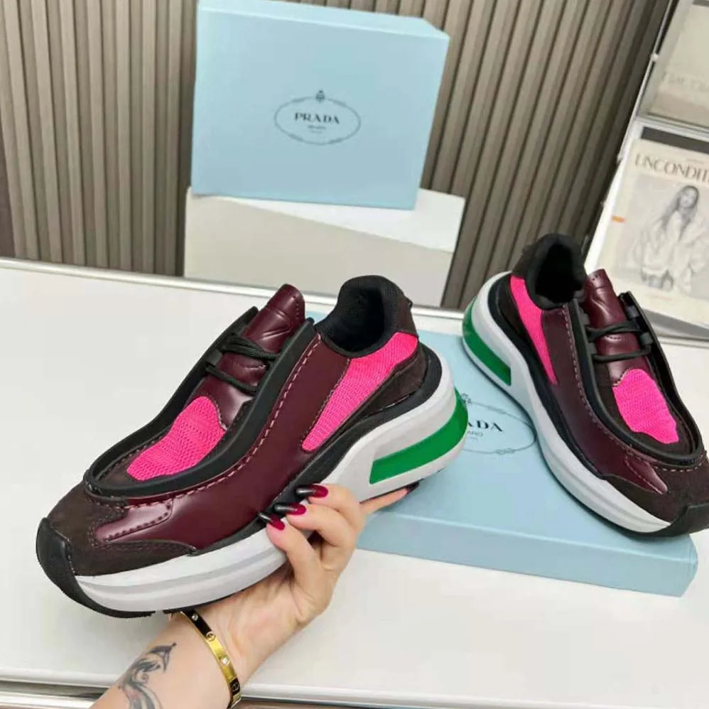 Prada Systeme Brushed Leather Sneakers with Bike Fabric and Suede Elements for Men in Pink