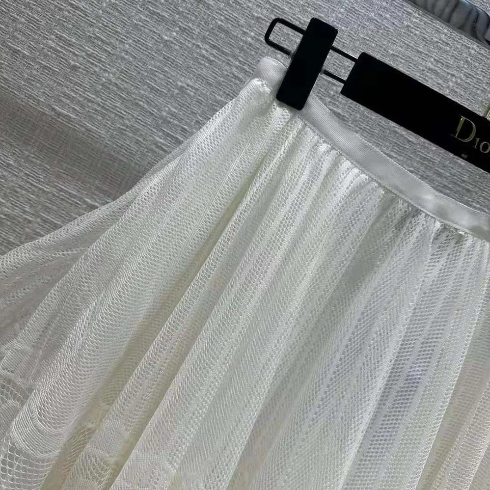 Dior Flared Mid-length Skirt Ecru Technical Cotton Lace with D for Women in Lace Butterfly Motif