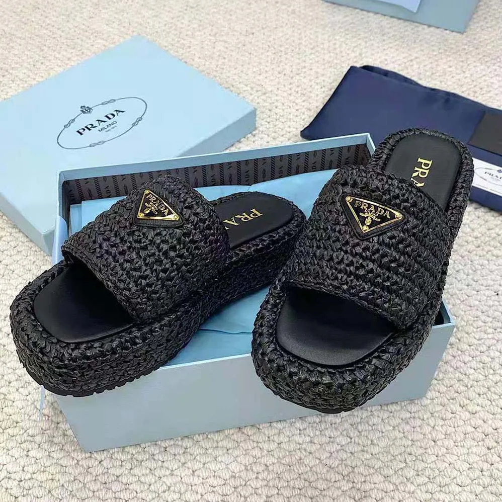 Prada Crochet Flatform Slides with Enameled Metal Triangle Logo for Women in Black Prada Crochet Flatform Slides with Enameled Metal Triangle Logo for Women in Black