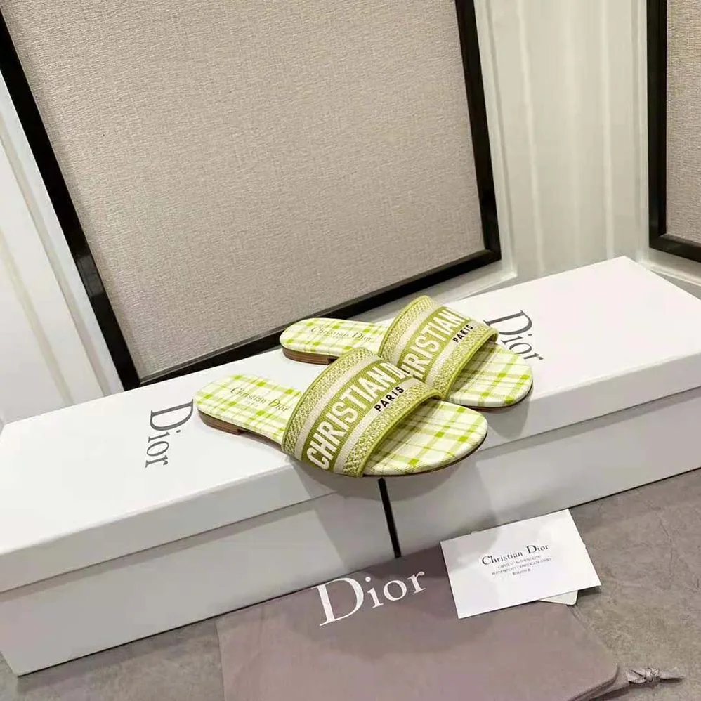 Dior Dway Slide Lime Check n Dior Embroidered Cotton for Women