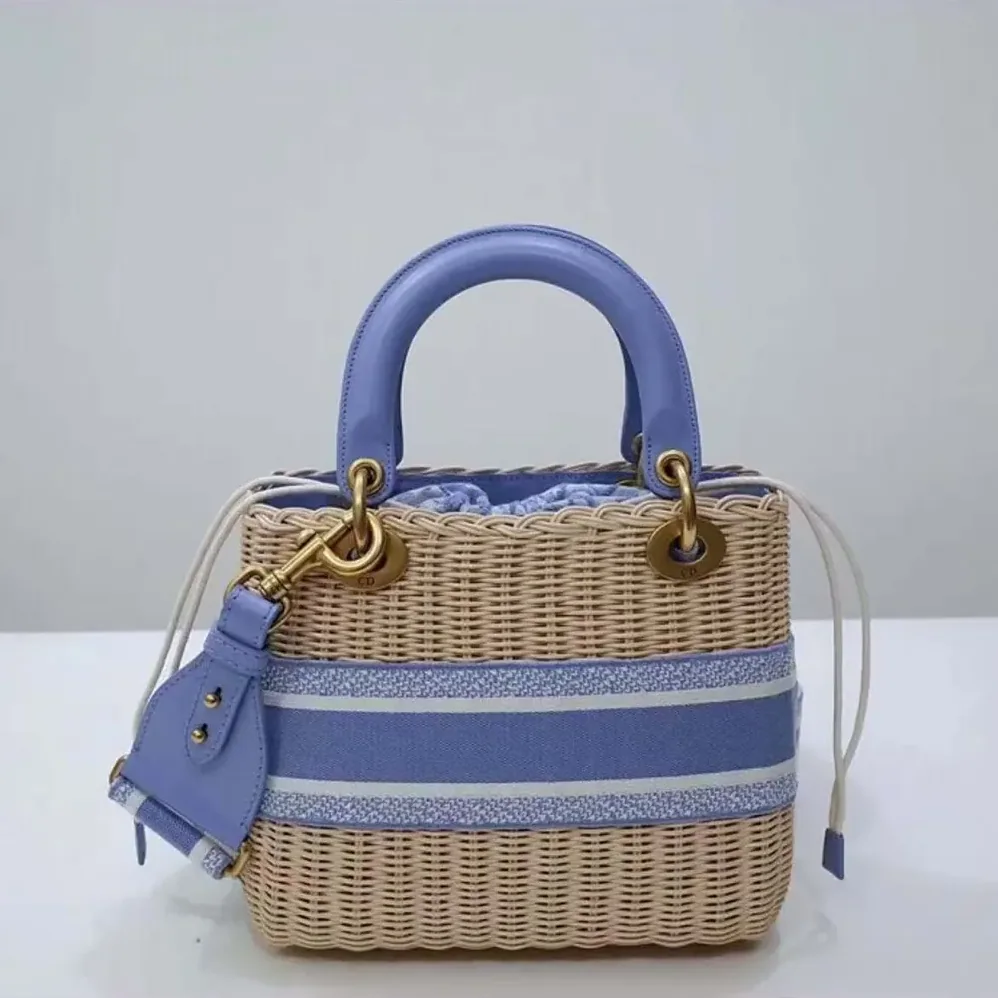 Dior Medium Lady Dior Bag Natural Wicker and Light Blue Dior Oblique Jacquard for Women