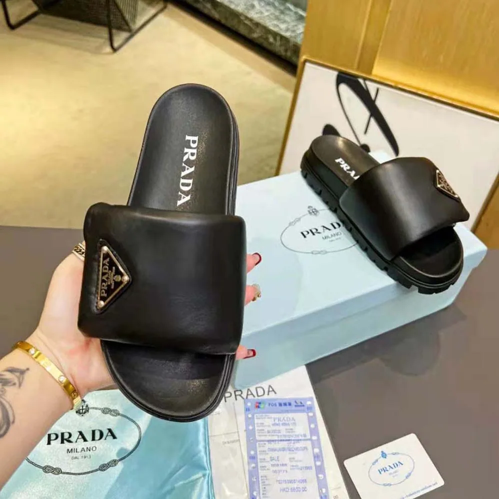 Prada Soft Padded Nappa Leather Slides for Women in Black