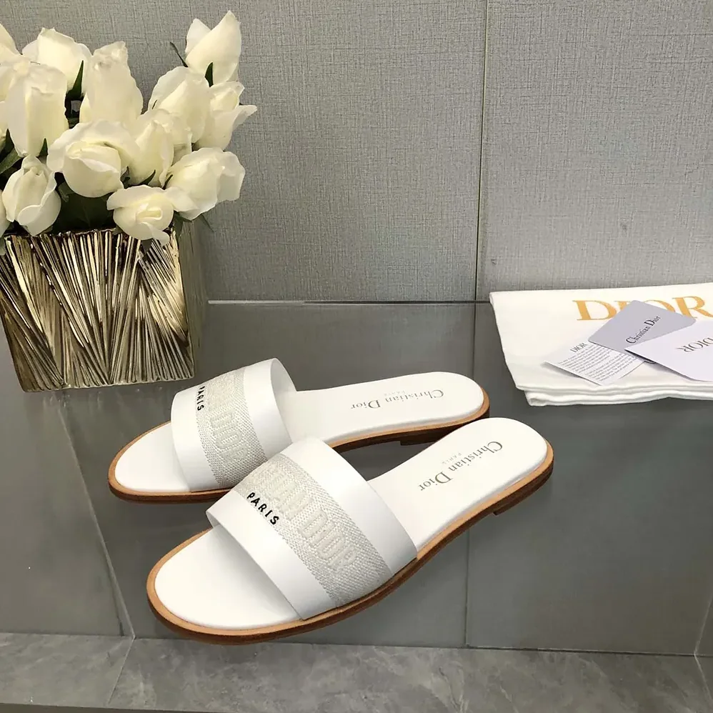 Dior Dway Slide White Calfskin and Embroidered Cotton for Women Dior Dway Slide White Calfskin and Embroidered Cotton for Women