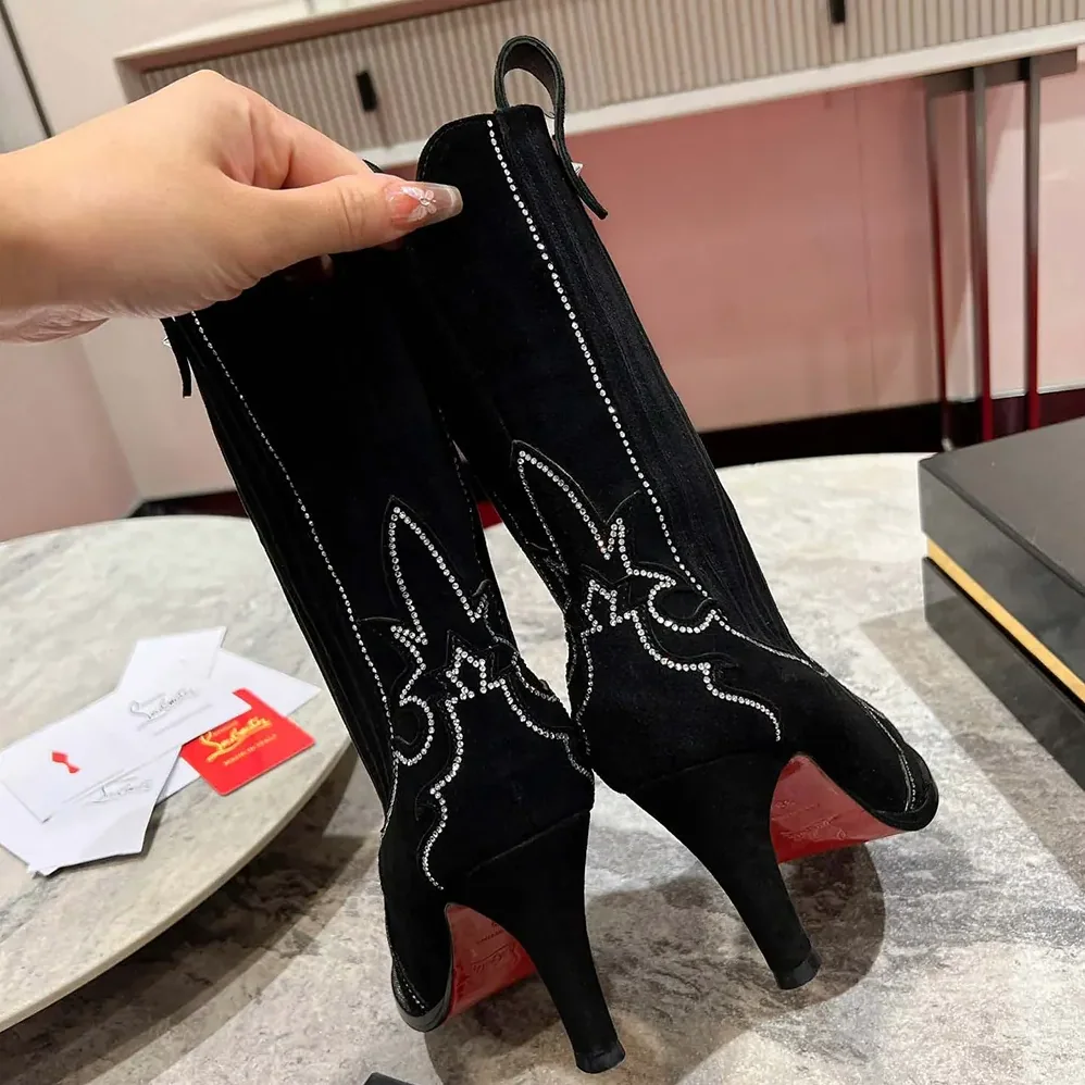 Christian Louboutin Santigag Strass 85 mm Low Boots Veau Velours and Strass for Women in Black Christian Louboutin Santigag Strass 85 mm Low Boots Veau Velours and Strass for Women in Black