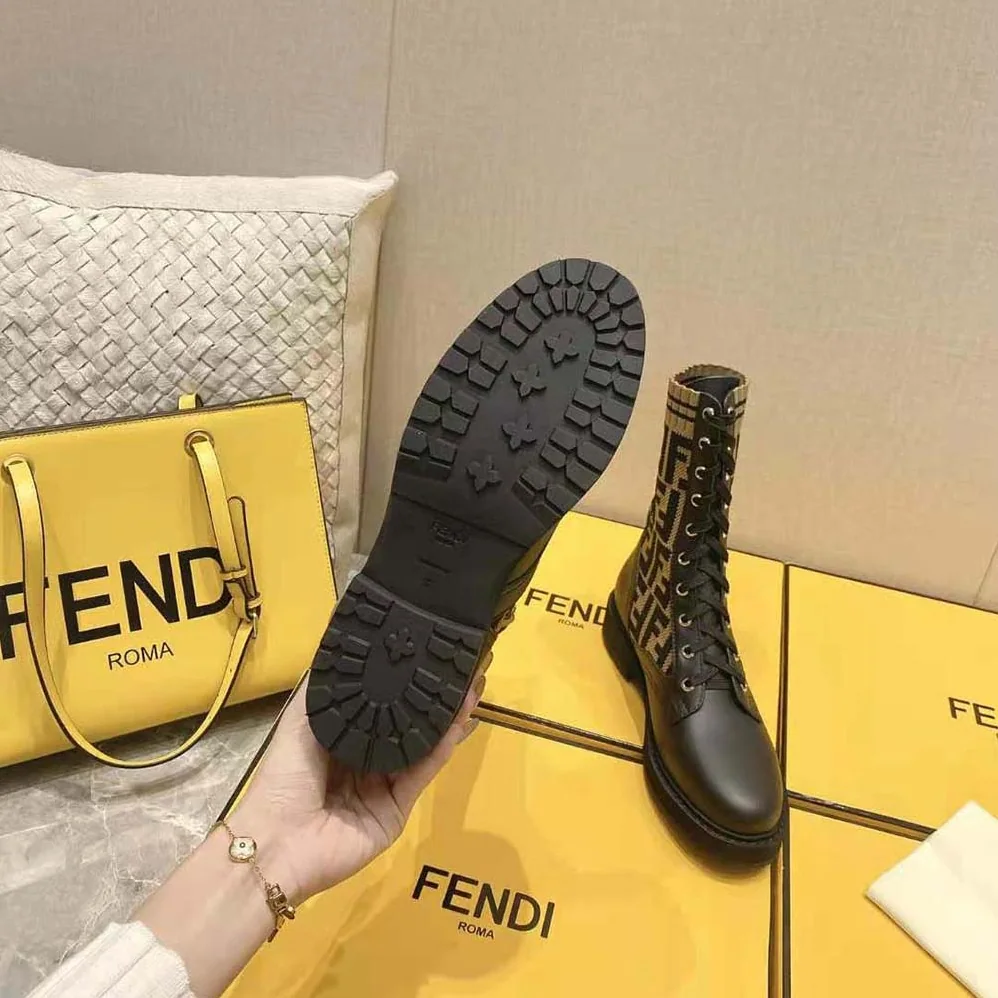 Fendi Rockoko Black/Brown Leather Biker Boots with Stretch Fabric for Women
