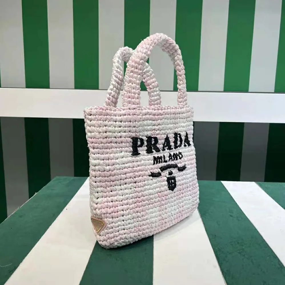 Prada Small Crochet Tote Bag with Embroidered Lettering Logo for Women in Pink Prada Small Crochet Tote Bag with Embroidered Lettering Logo for Women in Pink