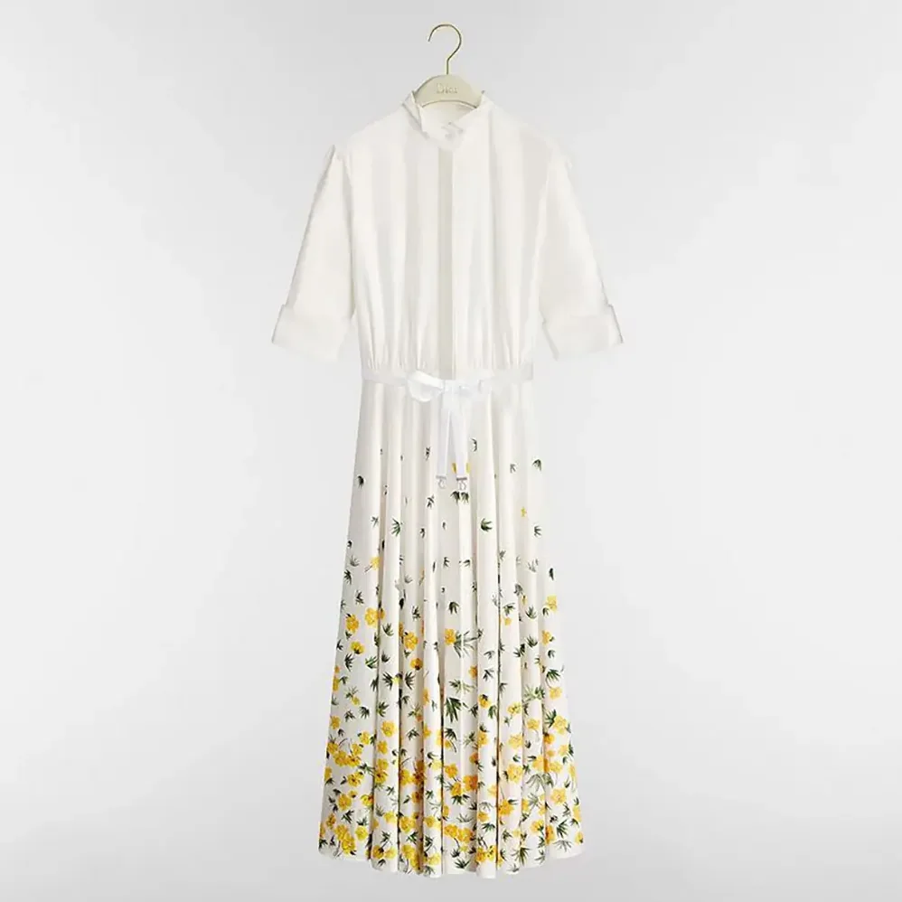 Dior Mid-Length Flared Shirtdress White Cotton Poplin with Yellow and Green Dior Buttercup Motif for Women Dior Mid-Length Flared Shirtdress White Cotton Poplin with Yellow and Green Dior Buttercup Motif for Women