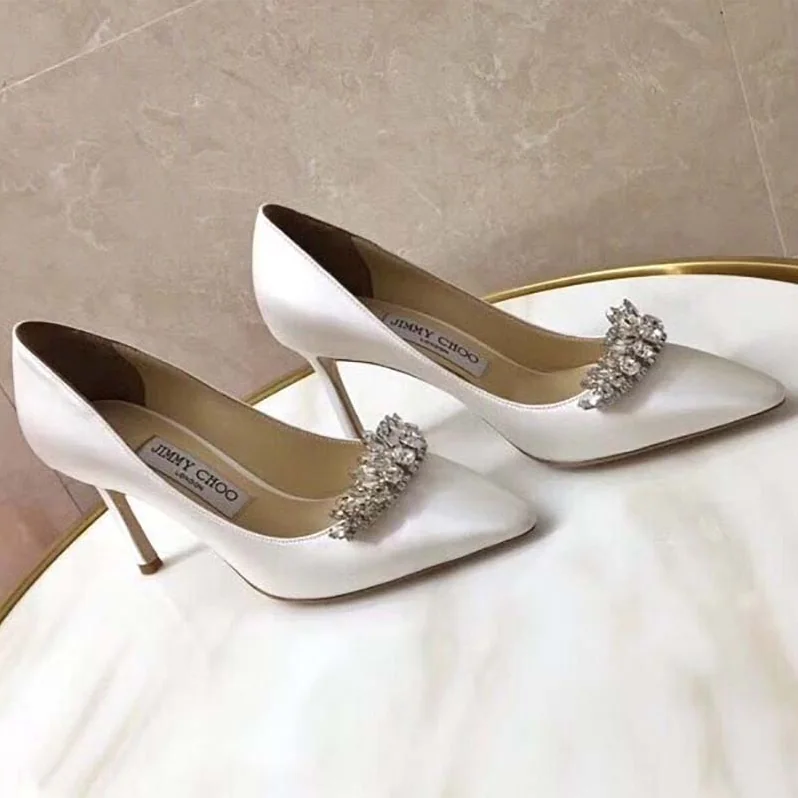 Jimmy Choo Shoes Romy 85 Lvory Satin Pointy Toe Pumps with Crystal Tiara for Women