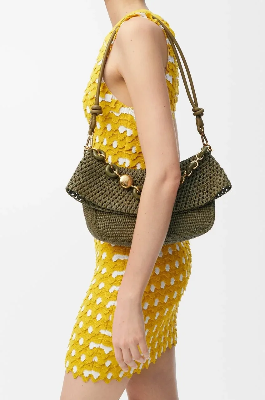 Loewe Medium Ola Bag In Raffia Dark Khaki / AP22P22X02