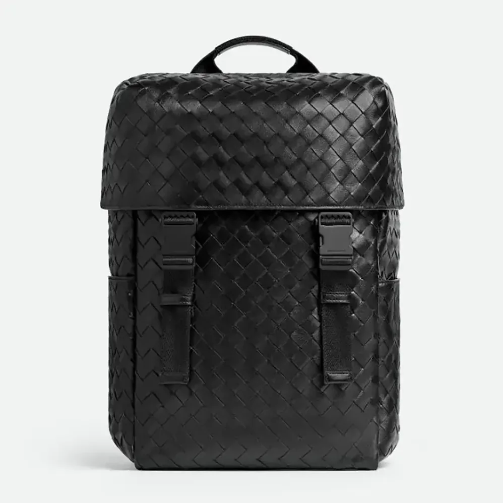 Bottega Veneta Intrecciato Flap Backpack for Unisex in Black