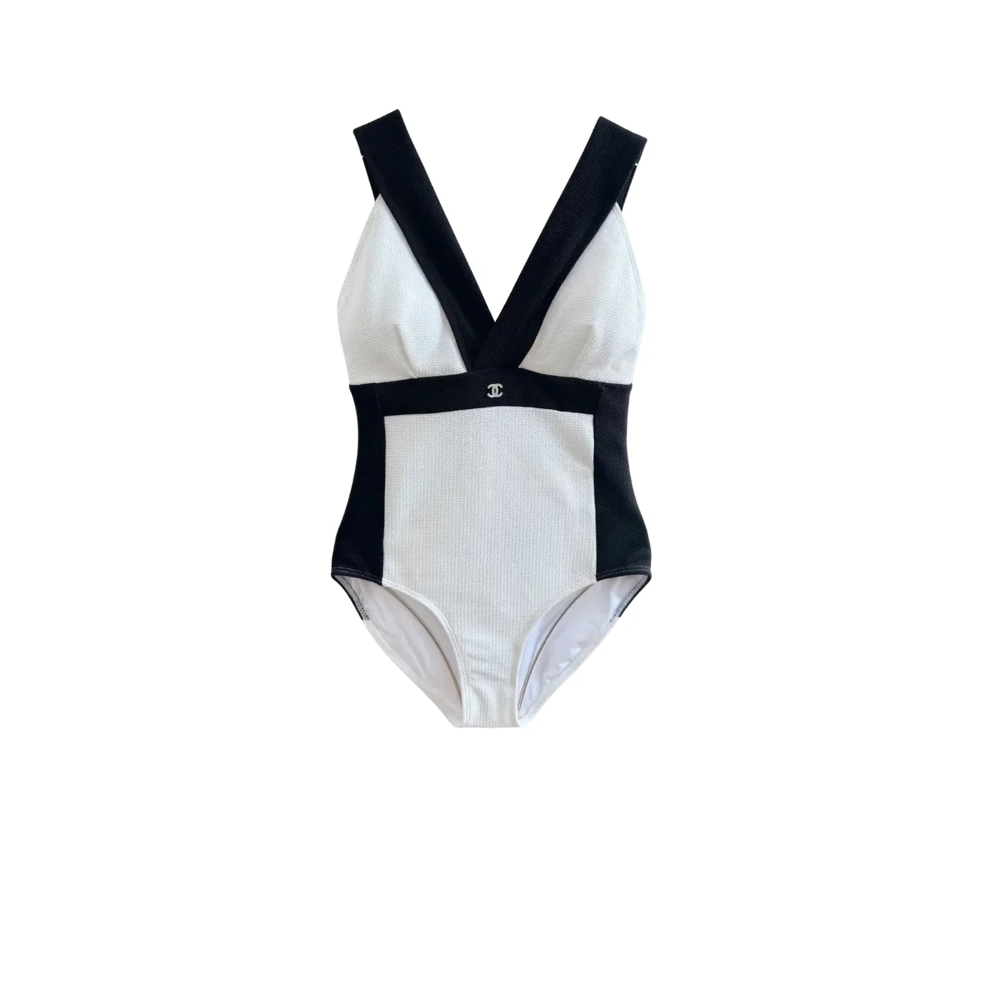 Chanel Color-Block Textured One in Piece Swimsuit Black/ White